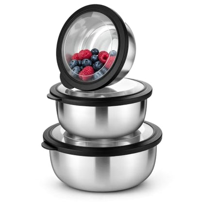 P&P CHEF Mixing Bowls with Lids Set of 3, Black Stainless Steel Salad Bowl - color: Black