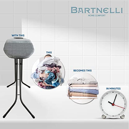 Bartnelli by Rorets Classic Ironing Board with New Patent EZ-Glide Technology, Made in Europe, Premium Iron Board with Iron Rest, 4 Layer Cover, 13x43 Surface, Height Adjustable to 36", 4 Steel Legs - color: Black/Black