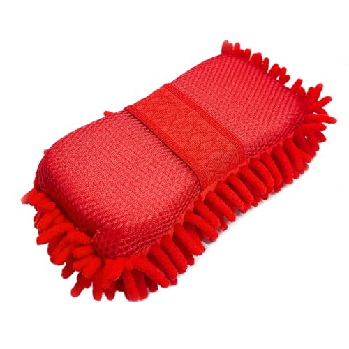 Microfiber Car Wash Sponge, Scratch-Free Vehicle Washing Mitt with Chenille & Mesh Sides, Highly Absorbent Sponge Lint-Free Cleaning Tool for Car Washing & Detailing (Red) - color: Red, 1 Pcs
