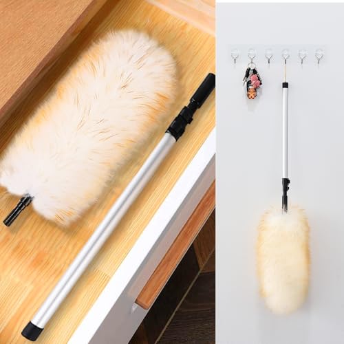 Lambswool Duster Extendable 31-55 Inch, Natural Electrostatic Feather Duster for Cleaning with Aluminum Extension Pole Reusable for High Ceilings, Fans, Blinds, Furniture, Interior & Roof Dusting - size: 31-55 Inch