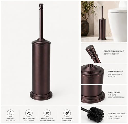 Red Bronze Toilet Brush and Holder Set，Extra Long Handled Toilet Bowl Brush and Holder，Stainless Steel Heavy Duty Toilet Brush for Bathroom,Deep Cleaning Modern Toilet Cleaner Slip Base - color: Red Bronze