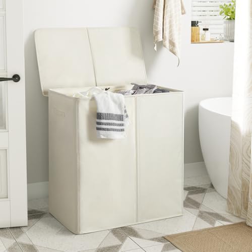 WOWLIVE 140L Double Laundry Hamper 2 Section with Lid and Removable Bags - color: Beige, size: 140l (23.6x 13.8x 25.6 Inches)