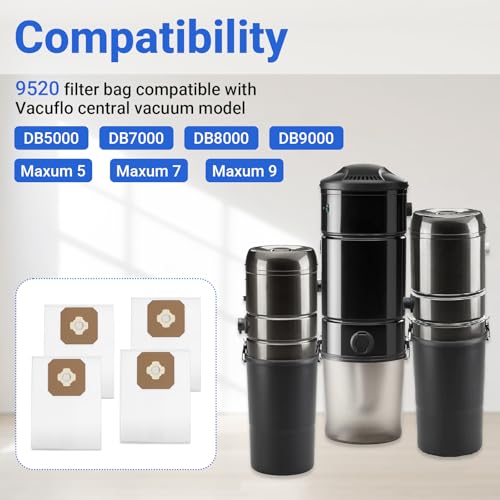 9520 Central Vacuum Bags 4 Pack Compatible with Vacuflo Vacuum Systems