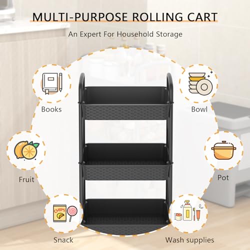 MOYIPIN 3-Tier Plastic Rolling Utility Cart with Handle,Black - color: Black, size: 3-Tiers without cups