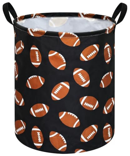 MAIZMZ Rugby Sport Print Storage Basket Kids Hamper, 15.7"D x19.7"H,Waterproof Lining, Leather Handles, Collapsible for Laundry, Sports Gear, Boys Gift - color: Rugby Black