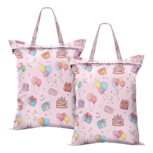 Travel Laundry Bags 2 PC Wet Dry Bag with Handle Dirty Clothes Organizer for Swimsuits Beach Camping Waterproof Washable Birthday Pink Cakes Balloons Ribbons - color: Birthday Pink Cakes Balloons Ribbons