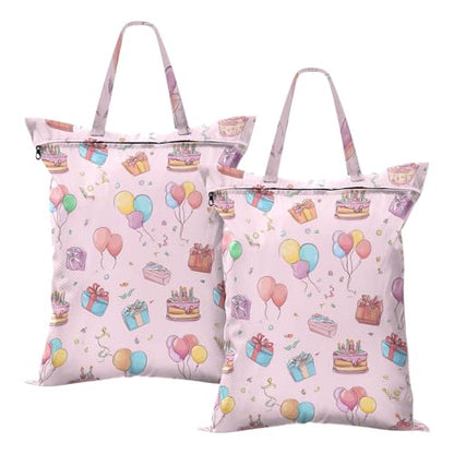 Travel Laundry Bags 2 PC Wet Dry Bag with Handle Dirty Clothes Organizer for Swimsuits Beach Camping Waterproof Washable Birthday Pink Cakes Balloons Ribbons - color: Birthday Pink Cakes Balloons Ribbons