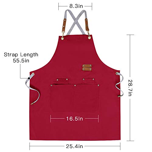 Chef Apron,Cross Back Apron for Men Women with Adjustable Straps and Large Pockets,Canvas,M-XXL (Red) - color: Red