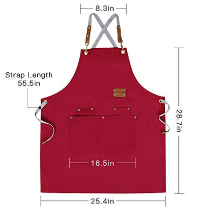 Chef Apron,Cross Back Apron for Men Women with Adjustable Straps and Large Pockets,Canvas,M-XXL (Red) - color: Red