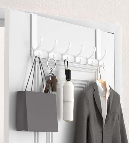 KitchLife Over The Door Hooks Hanger with 7 inches Extended Arms, Fits 1 3/8" Doors, F18U, Bathroom Towel Rack Organization, Thickened 6-Double Hook, Glossy White - color: Glossy White, size: Fits 1 3/8" Doors with 7" Arms