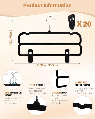 WJWSKI Velvet Pants Hangers with Double Non Slip Bar - with Adjustable Clips- Thin Space Saving Clothes Hanger - 360° Swivel Felt Trouser Hanger Perchas Terciopelo 10 Pack (Black) - color: Black