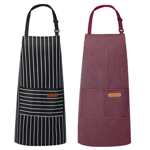 VALOME 2 Pack Kitchen Aprons with Pockets, Cooking Chef Apron for Men Women - color: Black & Red