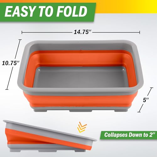 Set of 2 Multipurpose Wash Bins – 7.27-Liter Basins for Travel or Cleaning – Collapsible Bucket Camping Accessories by Wakeman (Orange) - color: Orange, size: 2-Pack