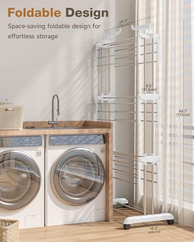 Bigzzia Clothes Drying Rack Folding with Wheels Drying Rack Clothing Clothes Horses Rack Stainless Steel Laundry Drying Rack with Two Side Wings 4 Tier Grey White - color: Grey White
