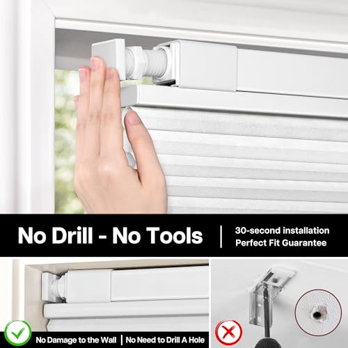Lazblinds No Drill TDBU Cellular Shades, 24.5" W x 64" H, White - color: Light Filtering - White, size: 24.5"W x 64"H