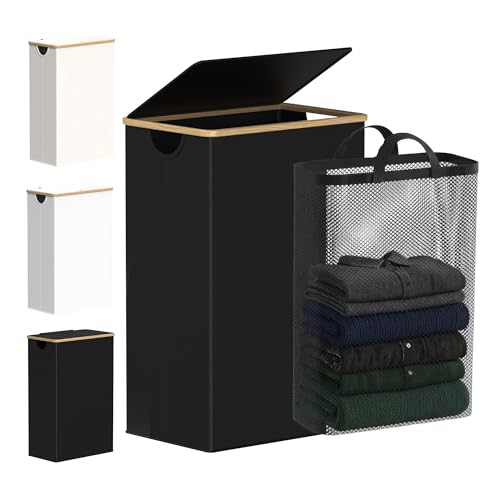 efluky Slim Laundry Basket with Lid, Narrow Laundry Hamper with Removable Bag, Skinny Dirty Clothes Basket with Bamboo Handles for Bathroom, Bedroom & Laundry Room, 90L Black - color: Black, size: 90L