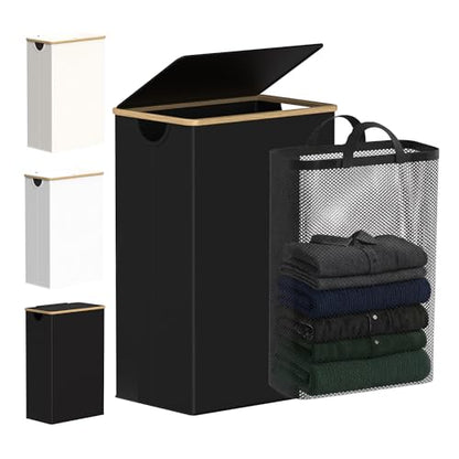 efluky Slim Laundry Basket with Lid, Narrow Laundry Hamper with Removable Bag, Skinny Dirty Clothes Basket with Bamboo Handles for Bathroom, Bedroom & Laundry Room, 90L Black - color: Black, size: 90L