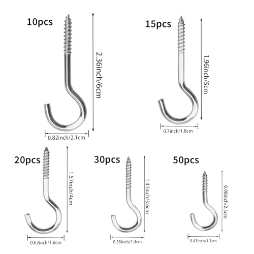 125 Pieces of Screw Cup Hook Set 5 Sizes Ceiling Small Hooks Wardrobe Decoration Hanging Accessories for Hanging Outdoor or Indoor use (0.98" 1.41" 1.57" 1.96" 2.36") (125, Silver) - color: Silver