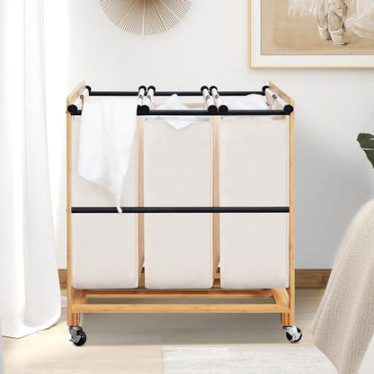 STO STO 3-Section Laundry Sorter with Bamboo Frame, Rolling Laundry Hamper Basket with Removable Bags and Lockable Wheels, Laundry Cart for Clothes Storage in Bedroom & Laundry Room, Beige
