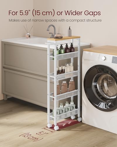 VASAGLE 5-Tier Slim Rolling Storage cart with Wheels, 5.1 Inches, Metal - color: Oak Beige + Classic White, size: 5 Tiers (5.1"D x 39.2"H)
