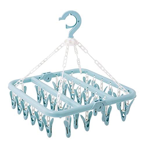 Laundry Hanger, with 32 Clips Foldable Clothespin Drying Rack for Socks Underwear Bras Scarf S Blue (Blue)