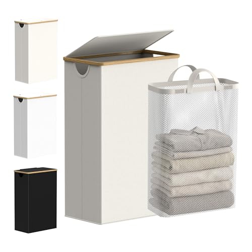 efluky Slim Laundry Basket with Lid, Narrow Laundry Hamper with Removable Bag, Skinny Dirty Clothes Basket with Bamboo Handles for Bathroom, Bedroom & Laundry Room, 75L Beige - color: Beige, size: 75L