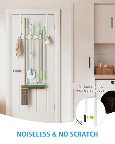 BS-VOG Over the Door Broom and Mop Holder, Broom Hanger, 4 Slots & 4 Hooks - color: White