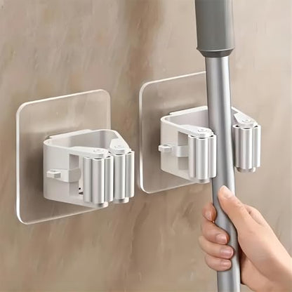 2Pcs Broom Holder Mop Hanger Wall Mount Hook Plastic Easy Install No-Drill Strong Adhesive Organizer - color: White, size: 2 Pcs