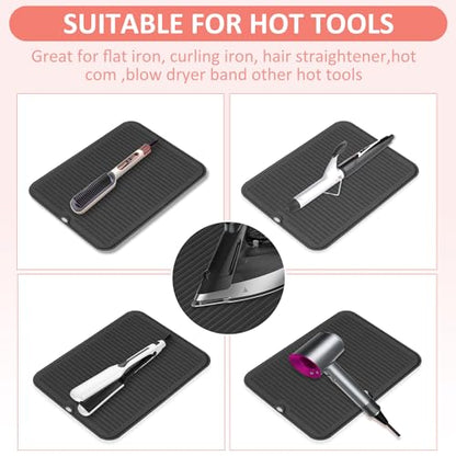 Large Heat Resistant Silicone Mat for Hair Tools: Curling Iron, Flat Iron, Hair Straightener - Portable Hair Styling Pad Cover - color: Black