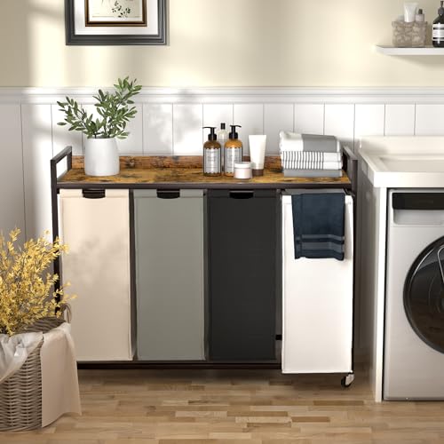 Herture Laundry Hamper with Shelf, Laundry Basket 4 Section, Laundry Sorter with Pull-Out Removable Large 4 Color Bags and Movable Wheels, Metal Frame, 4 x 15.87 Gallons (60L), Rustic Brown PF07XLN - color: Rustic Brown + 4-Color, size: 4 Bags-240 L