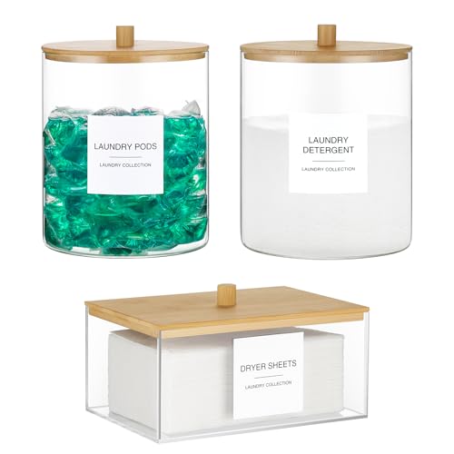 TIPGO Glass Jars and Acrylic Dryer Sheet Holder, Laundry Pods Container with Bamboo Lid and 27 Labels, Powder Detergent Containers for Laundry Room Organization, Storage Jars Set (3 Pack) - color: White