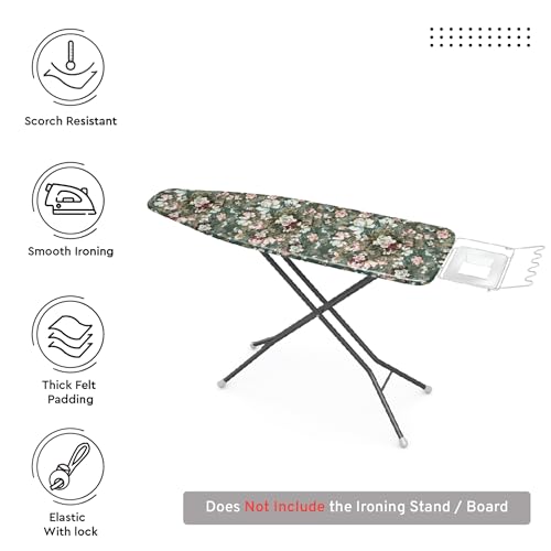 Encasa XO Ironing Board Cover and Pad, 54"x15" Large, 4mm Felt - color: Green Roses, size: Large