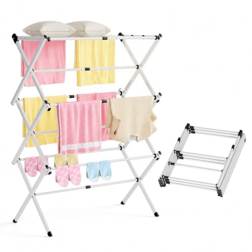 Clothes Drying Rack Collapsible,Heavy Duty Foldable Laundry Rack for Drying Clothing,3-Tier Space Saving Drying Rack Clothing for Indoor Outdoor Bathroom Apartment - color: White