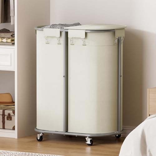 200L Double Laundry Hamper with Lid & Wheels, Oval Rolling Laundry Basket - color: Beige, size: 200L(24.8"L x 16.9"W x 31.5"H)