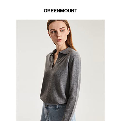 GreenMount Women's Deep V-Polo Casual Loose Cashmere Sweater Pullover Lapel Long Sleeve for Women Keep 37.5° Warm - color: Grey, size: X-Large