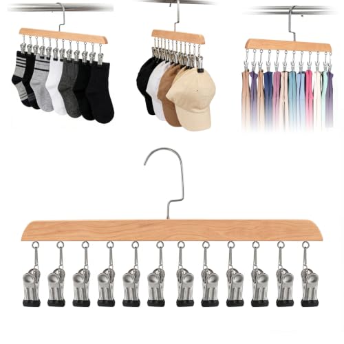 1Pack Space Saving Hanging Clothes Organizer, Wooden Pants Hanger 12-Clip - color: Natural