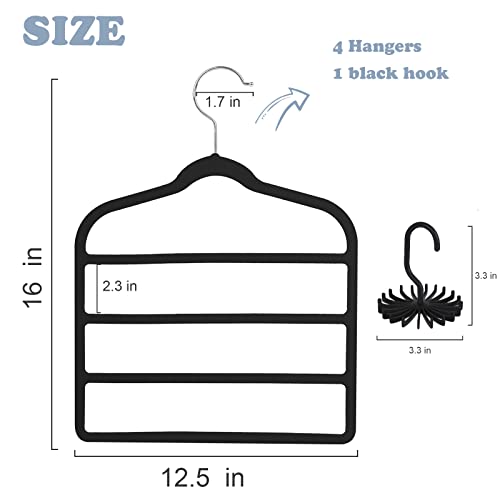 Tinfol Velvet Pants Hanger Space Saving, 4pc Black Non-Silp Velvet Hangers with Hook, Multi Tier Ultra Thin Trousers Hangers, Closet Clothes Hanger Organizer Storage for Trousers, Scarves, Jeans - color: Black