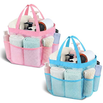 Mesh Shower Caddy Portable - 9 Pockets, Shower Bag for Dorm Room Camping - color: pink blue
