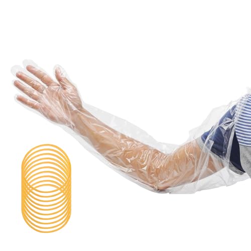 50 Pcs Disposable Long Gloves Full Arm Shoulder Length 35.5 Inch Plastic Dressing Gutting Gloves for Field Dressing House Cleaning Gardening (Come with 20 Free Rubber Bands)