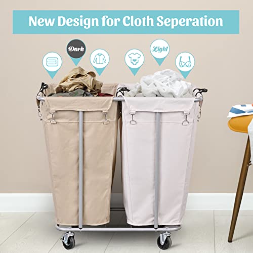 PLKOW 280L 2-Section Rolling Laundry Sorter, Oat and White - color: Oat+White-280L
