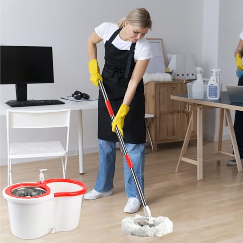 Spin Mop and Bucket with Wringer Set, 6 Microfiber Mop Heads, 61" Handle - color: White