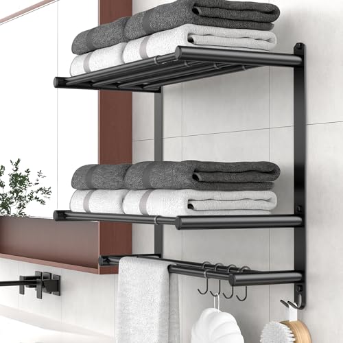 Adjustable 16.9–28" Matte Black Towel Rack for Bathroom SUS304 Stainless Steel 2-Tier Shelf with Extended Bar & 4 Sliding Hooks, Adhesive or Screw Mount, Bathroom/Over-Toilet Organizer - color: Adjustable 16.9–28" Matte Black Towel Rack