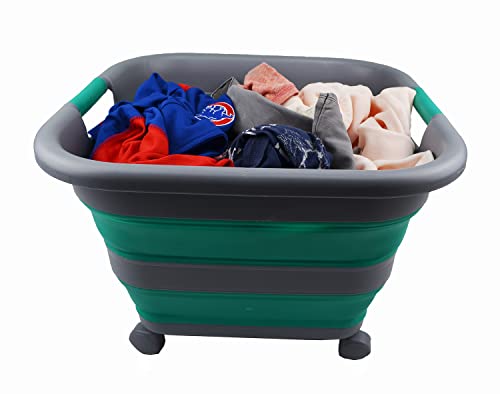 SAMMART Collapsible Plastic Laundry Basket with Wheels 39L (10.3 Gallons) -Foldable Pop Up Storage Container for Laundry, Camping & Home (1, Dark Grey/Bluish-Green) - color: Dark Grey/Bluish-Green