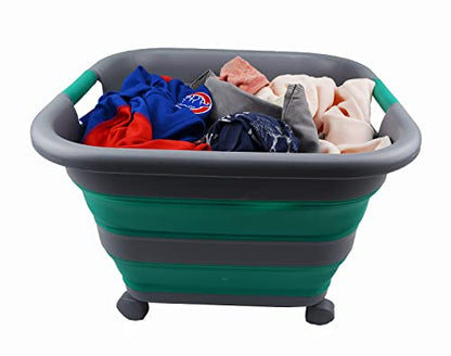 SAMMART Collapsible Plastic Laundry Basket with Wheels 39L (10.3 Gallons) -Foldable Pop Up Storage Container for Laundry, Camping & Home (1, Dark Grey/Bluish-Green) - color: Dark Grey/Bluish-Green