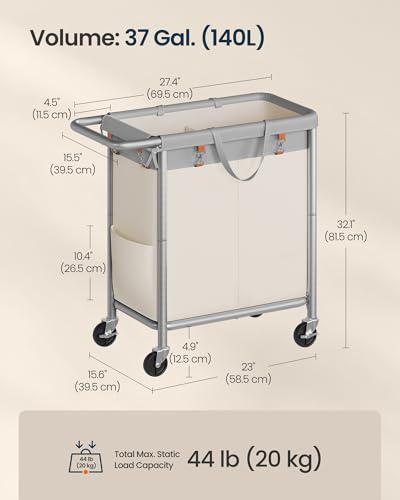 SONGMICS HOME Rolling Laundry Basket with 2 Compartments, 37-Gallon Laundry Hamper with Wheels, Removable Liner, Gray and White - color: Gray + White, style: 140 L (2-Section)