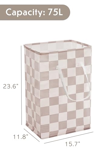 Ohocut Checkered Laundry Hamper, Pack of 2, Large Beige Khaki Collapsible Cloth Hampers Basket for Storage Organization Cute Aesthetic, 2 x 75L - color: Beige
