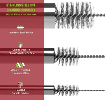 Pipe Cleaning Brush Set Stainless Steel Bristles - size: 8 Inch