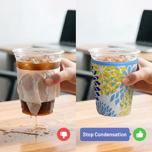 Iced Coffee Sleeve Reusable Neoprene Cup Sleeves, Blue Flower - color: Blue Yellow Flower
