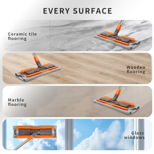 16-Inch Large Microfiber Flat Mop for Hardwood & Tile Floors, Durable Aluminum Alloy Head with Stainless Steel Handle, 4 Reusable Pads (2 Chenille+2 Microfiber) for Wet Dry Cleaning - size: 16-inch