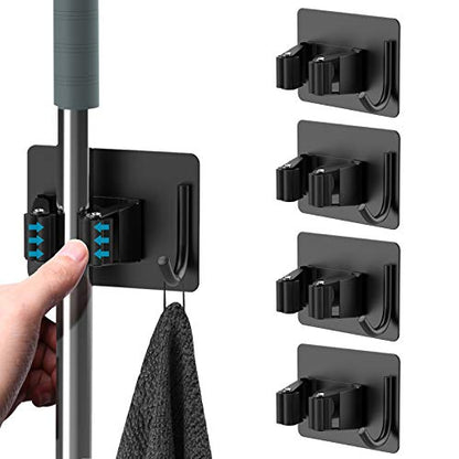 homeasy Broom Holder Wall Mount 4Pcs, Self Adhesive Mop Broom Hanger Black - color: Black